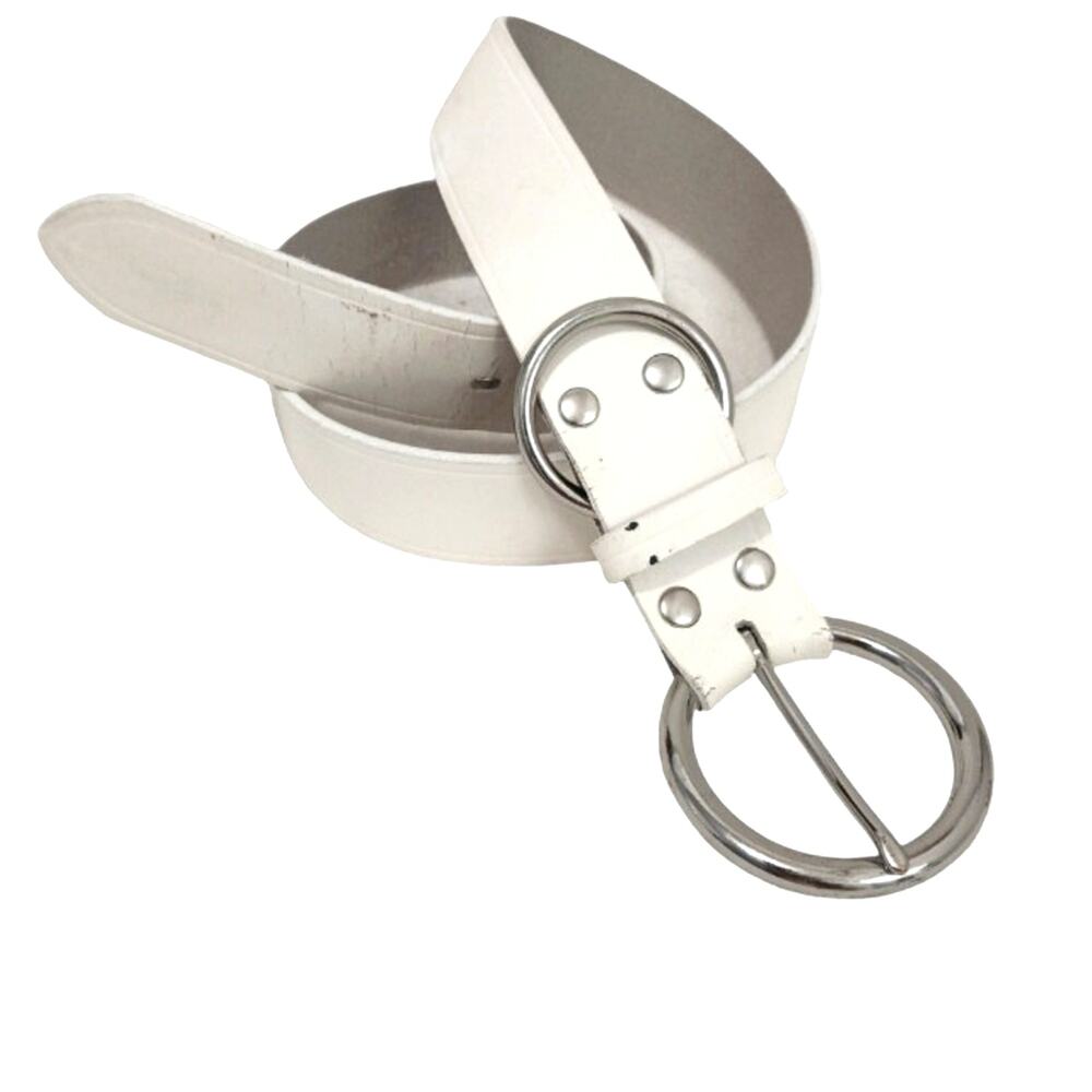 White Italian Leather Belt Sz Small 37" Silver Circle Buckle Boho Western Boho